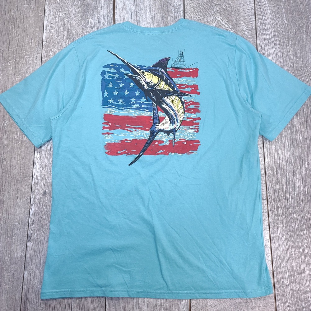 Huk T-Shirt Mens XL Blue American Flag Marlin Graphic Short Sleeve Tee
